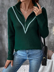 Fashion Color Blocked Retro Dark Green Zipper Half Open Christmas Sweater Sweaters-L