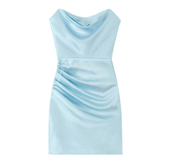 Fall French Vintage Crumpled Slim Silk Satin Texture Tube Top Dress Short Evening Dress