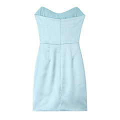 Fall French Vintage Crumpled Slim Silk Satin Texture Tube Top Dress Short Evening Dress