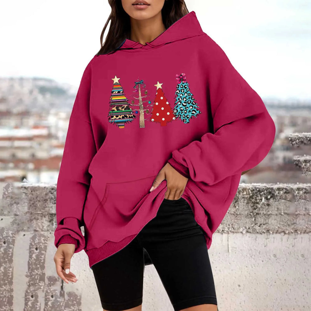 Loose Pullover Four Christmas Tree Crewneck New Autumn Hoodie Hot Pink-B / M Hoodies-L