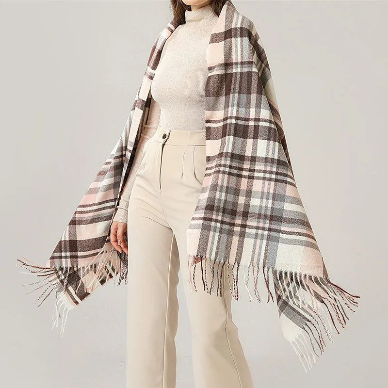 Vintage Plaid Cashmere Knit Tassel Scarf for Women