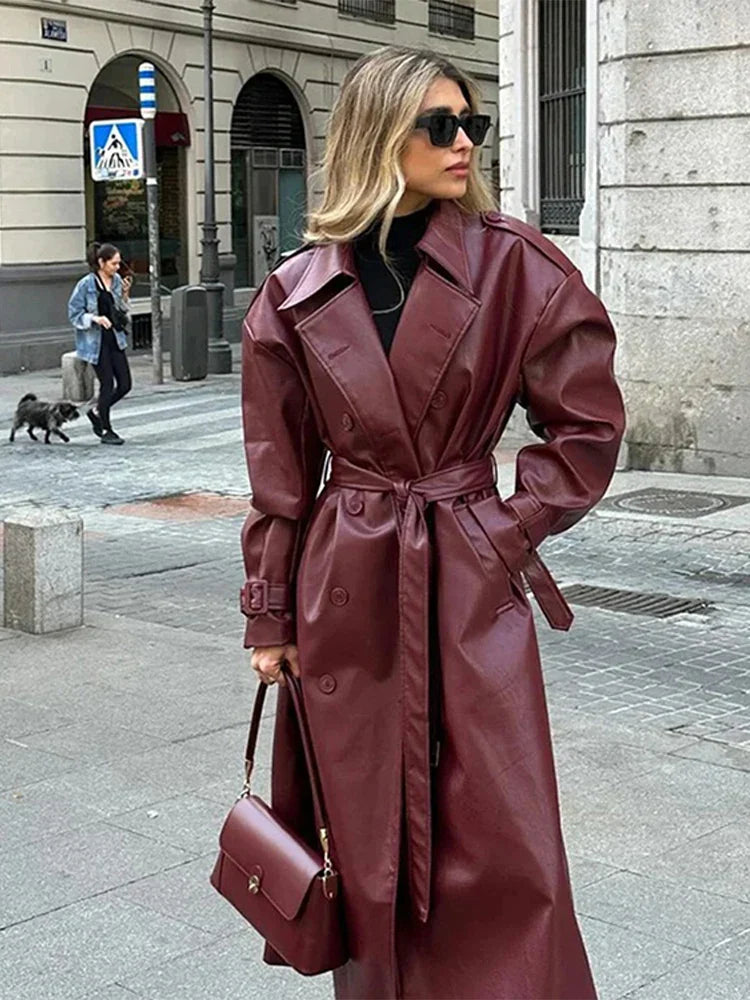Retro Wine Red Double Breasted Coat Coats-241208