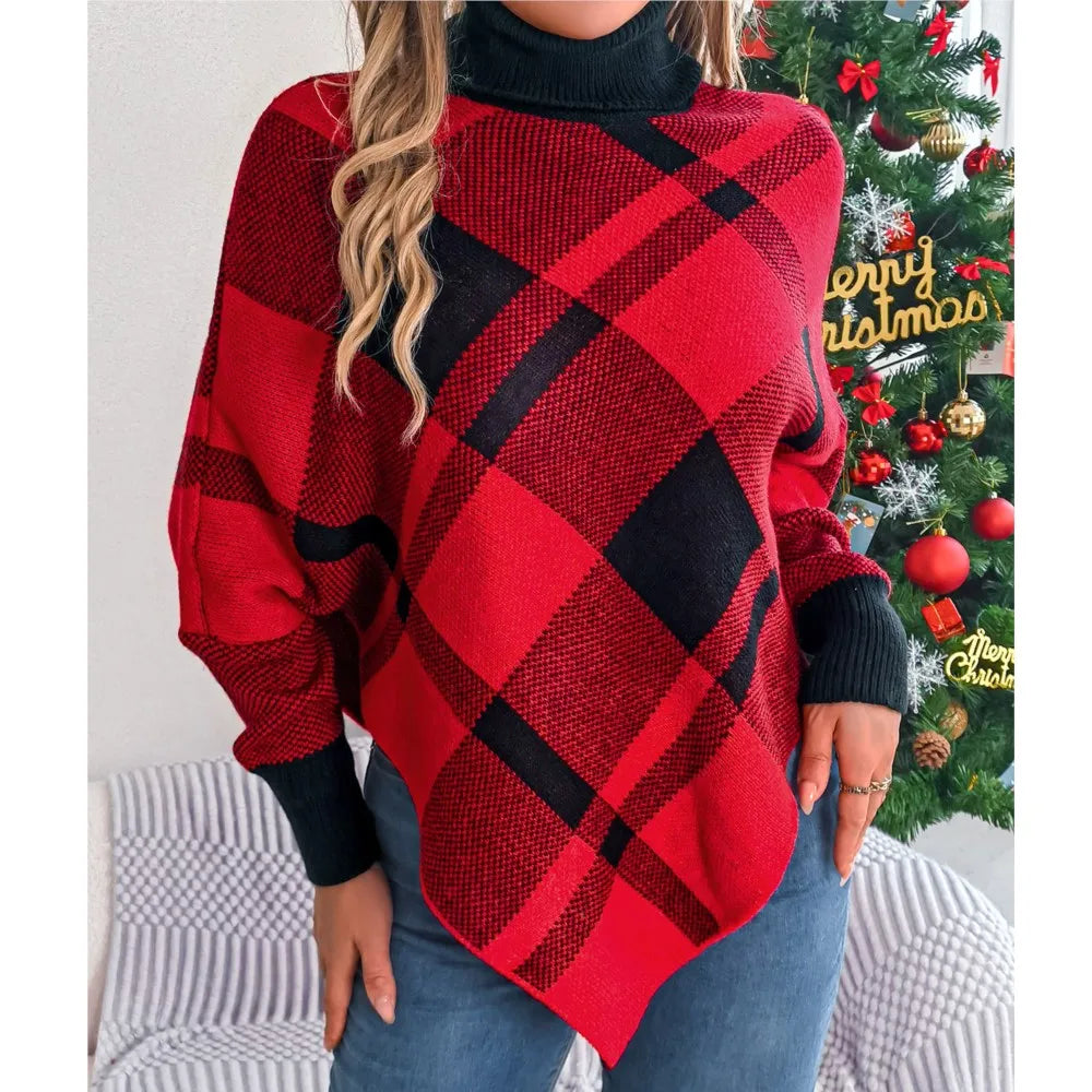Fashionable Elegant Casual Color Contrasting High Collar Long Sleeve Christmas Sweater Sweaters-L
