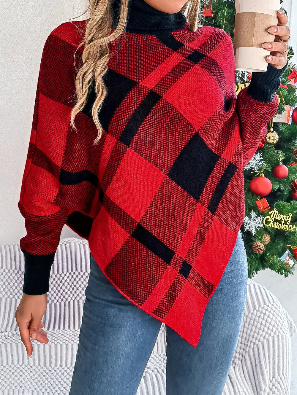 Fashionable Elegant Casual Color Contrasting High Collar Long Sleeve Christmas Sweater Red / S