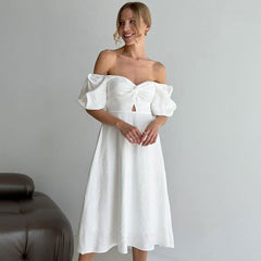 French Bubble Wrinkle Square Collar Slimming Puff Sleeve A line Dress Arrival