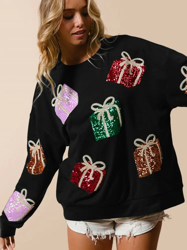 Glitter Patchwork Vintage Harajuku Slim Streetwear Long Sleeve Christmas Hoodie Hoodies-L