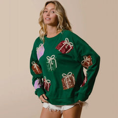 Glitter Patchwork Vintage Harajuku Slim Streetwear Long Sleeve Christmas Hoodie Green / S Hoodies-L