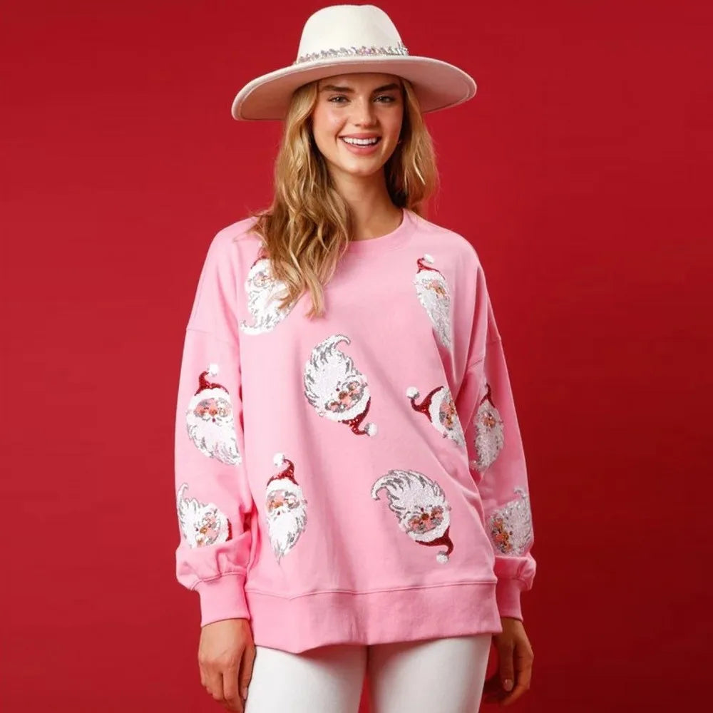 Glitter Patchwork Vintage Harajuku Slim Long Sleeve Streetwear Christmas Hoodie Pink / S Hoodies-L