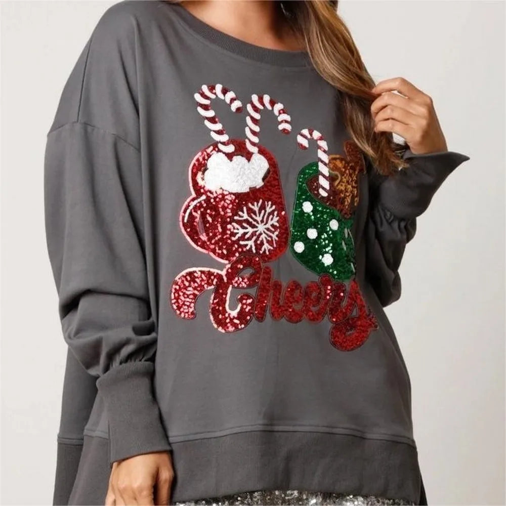 Charming Glitter Patchwork Vintage Harajuku Long Sleeve Christmas Hoodie Gray / S Hoodies-L