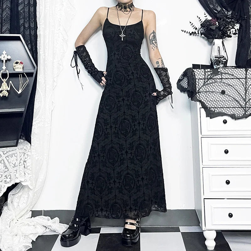 Gathering Net Celebration Sling Maxi Dress Black / S
