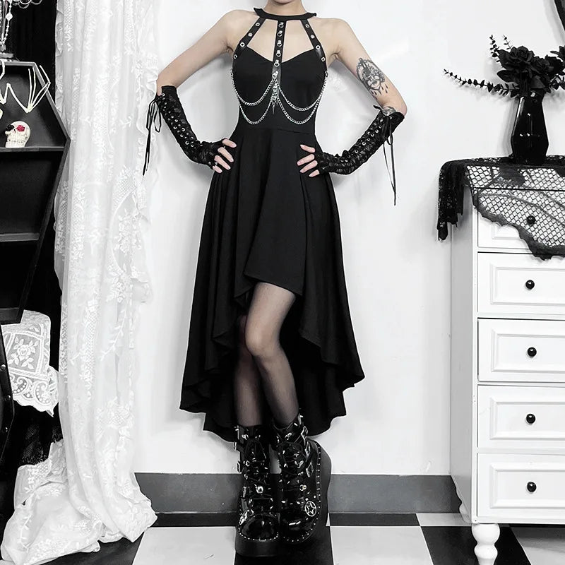 Chains Ornament Halter Swing Midi Dress Black / S