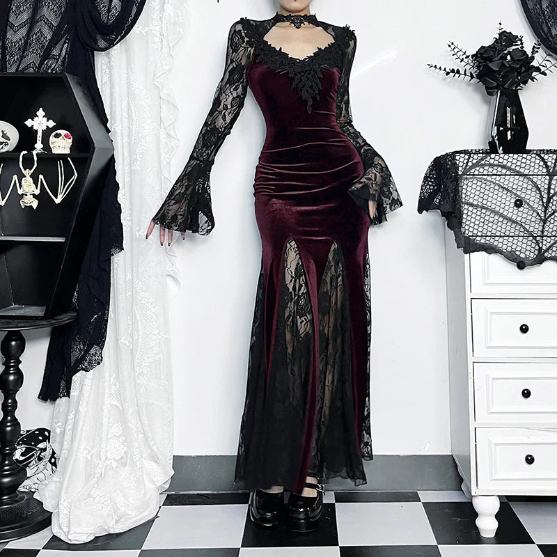 Flower Lace Mesh Transparent Long Dress Red / S