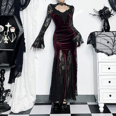 Flower Lace Mesh Transparent Long Dress Red / S