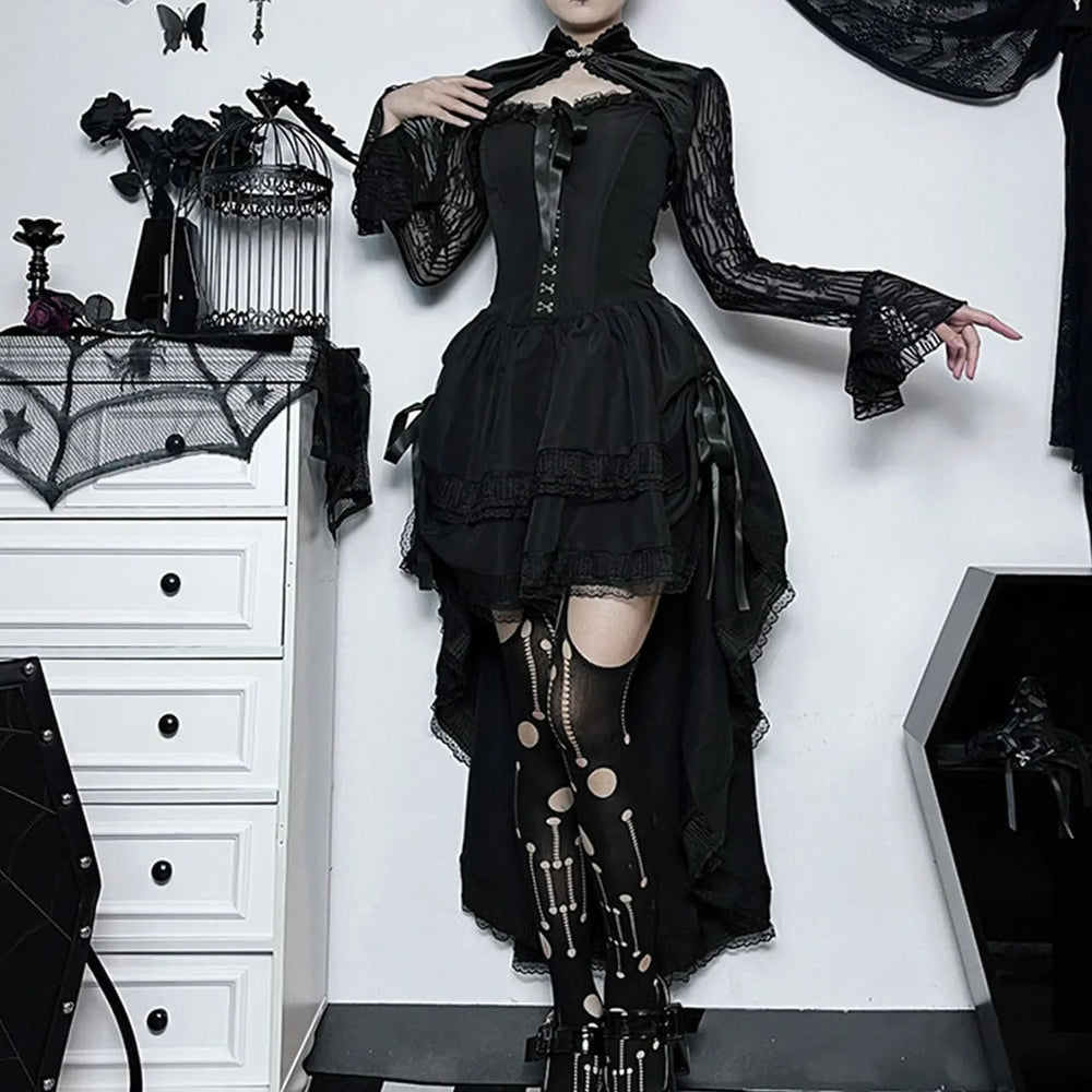 Sleeveless Lace Tuxedo High Low Midi Dress Black / S