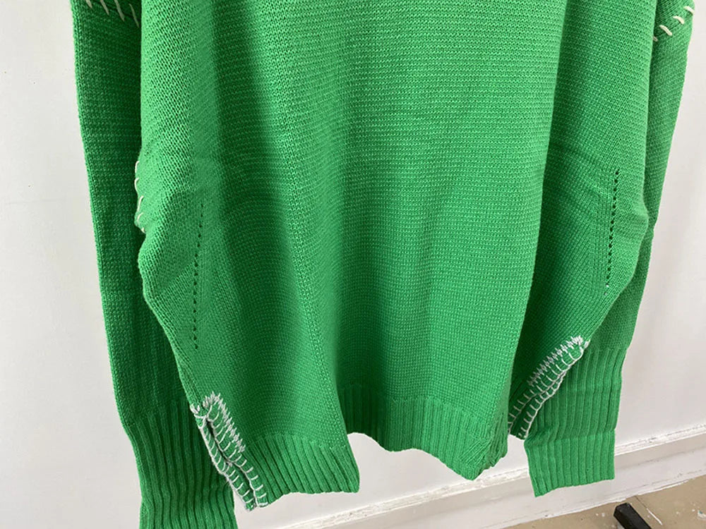 Hand-Woven Loose O-Neck Slit Hem Green Autumn Winter Christmas Sweater Sweaters-L
