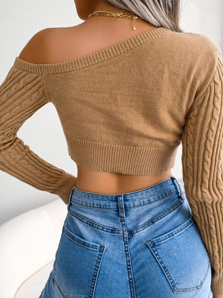 Cropped Off Shoulder Slim Solid Streetwear Green Christmas Sweater Sweaters-L