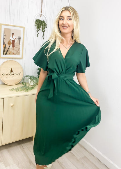 Flutter Sleeve Pleated Dress