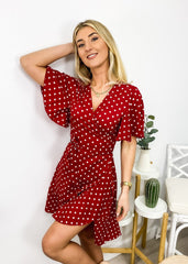 Polka Flutter Sleeve Wrap Dress