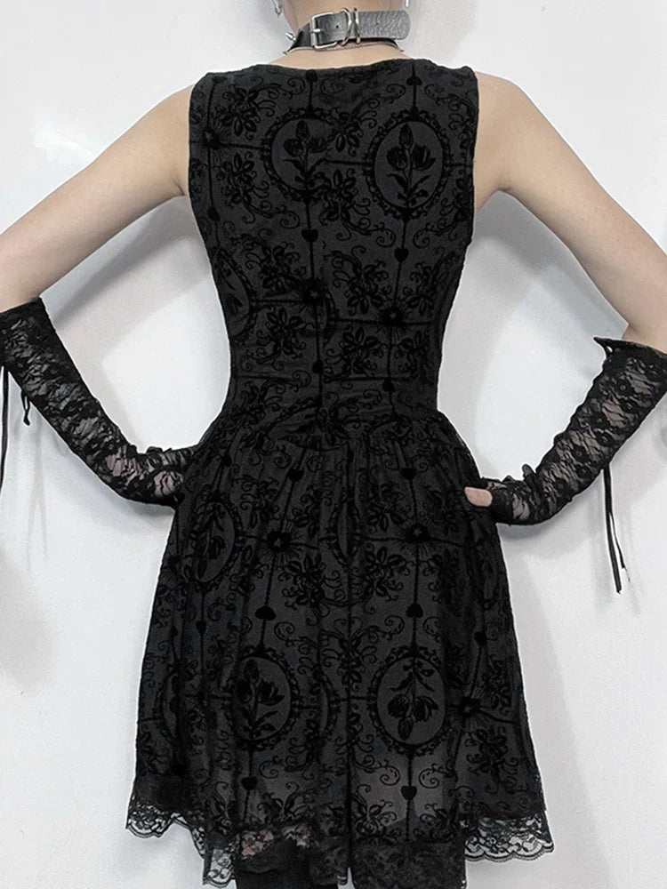Gloomy Cravat Lace Hem Tiny Dress
