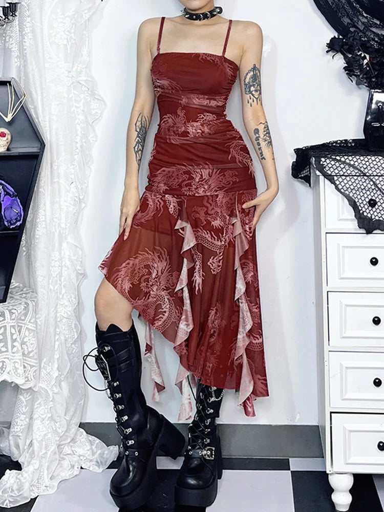 Uneven Suspenders Sleek Midi Dress