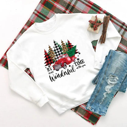 Christmas Hoodie - Wonderful Time Printed Party Holiday Sweater Xmas Outfit