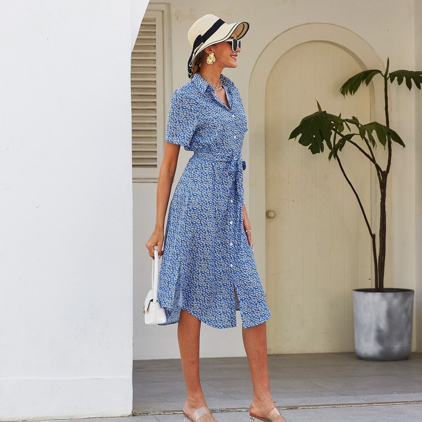Button Down Smocked Collar Dress