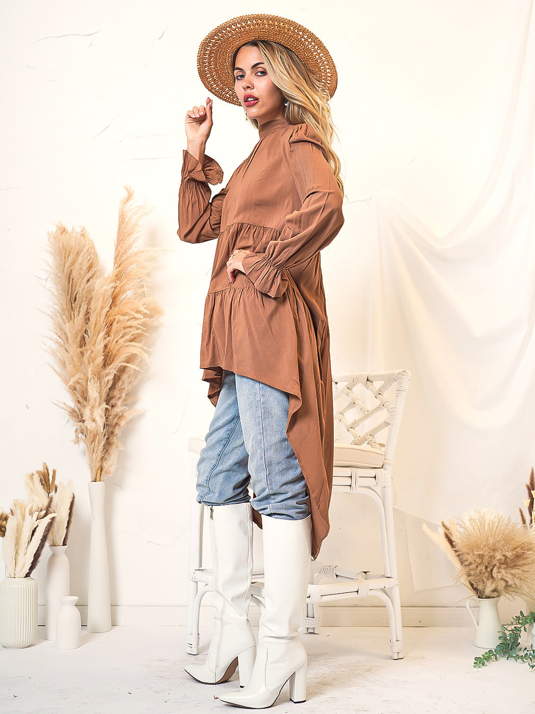High-Low Ruffle Long Sleeve