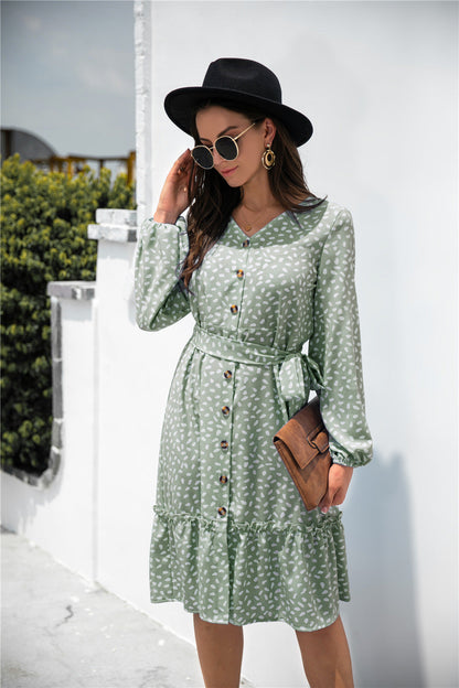 Print Button Ruffle Tunic Dress