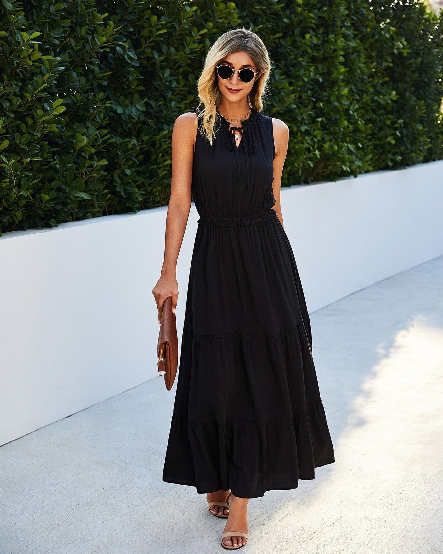 Tie Neck Solid Dress