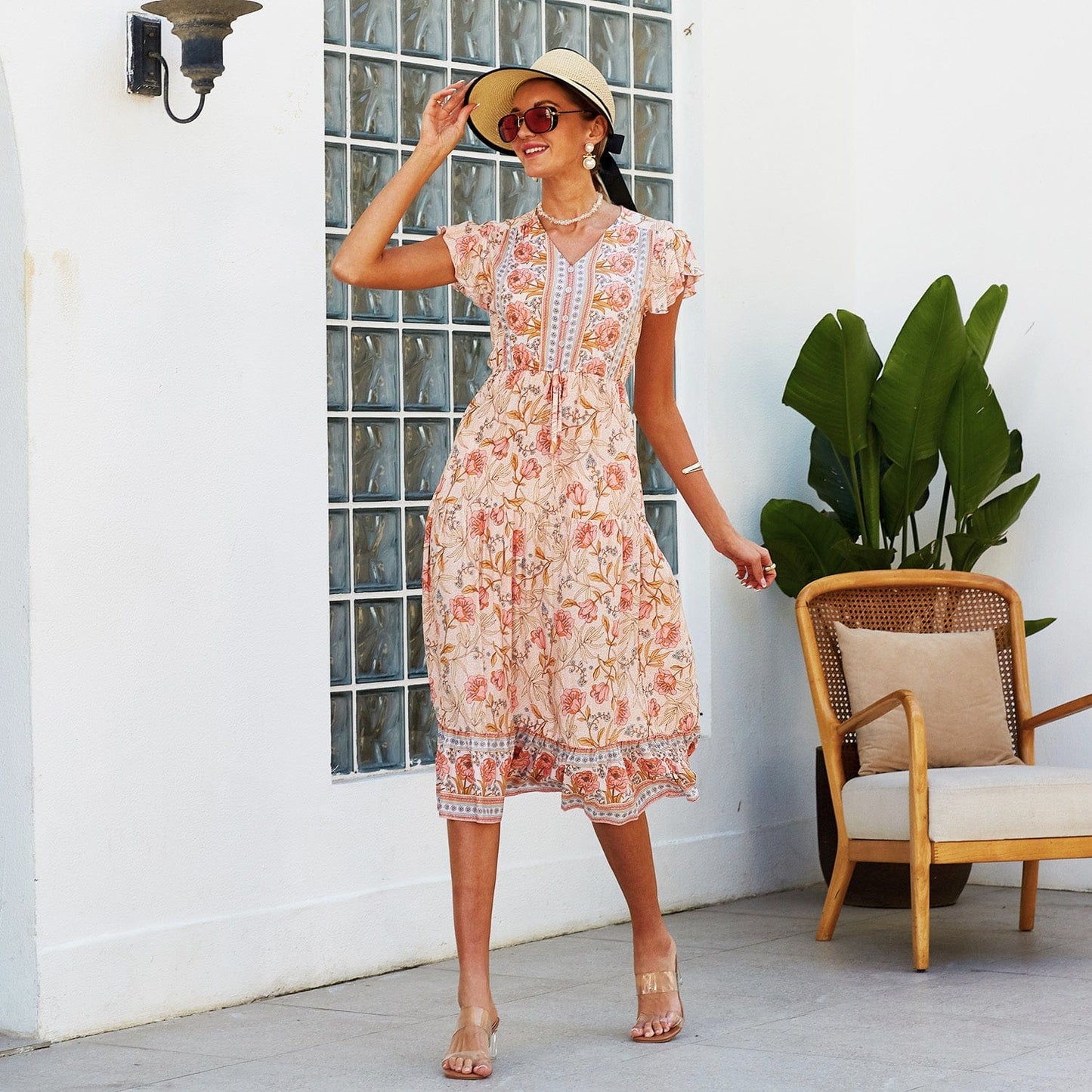 Print Butterfly Sleeve Dress