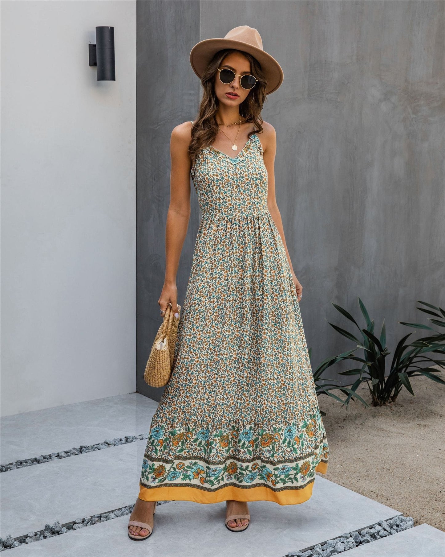 Floral V Neck Maxi Dress