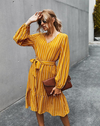V Neck Tie Waist Dress