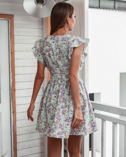 Plunge Ruffle Sleeve Dress