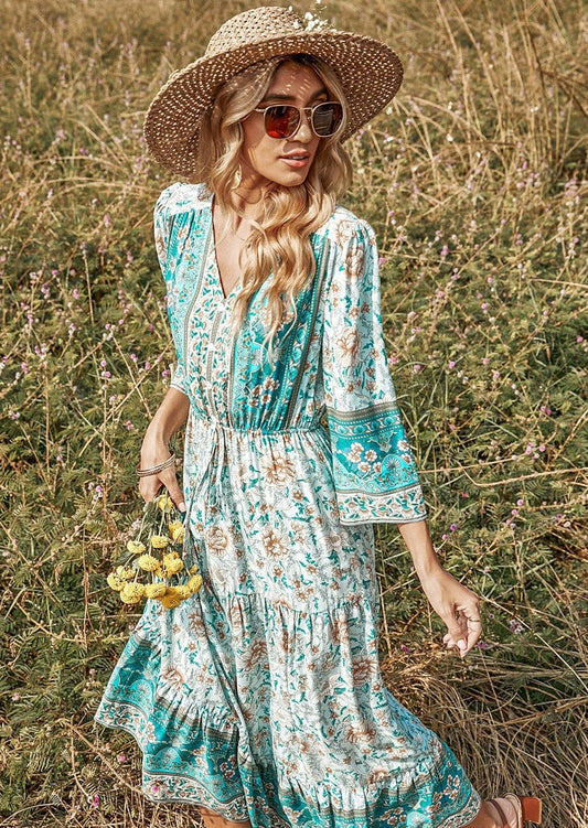 V Neck Multicolor Boho Dress