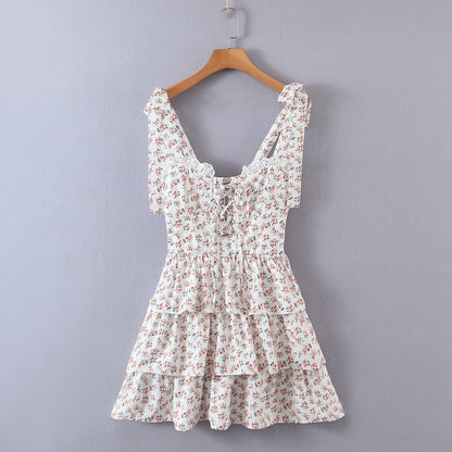 Floral Tying Lace Up Ruffled Dress