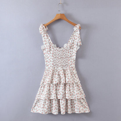 Floral Tying Lace Up Ruffled Dress
