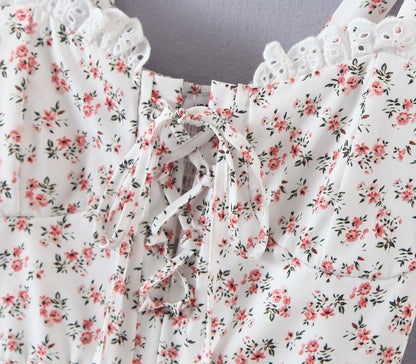 Floral Tying Lace Up Ruffled Dress