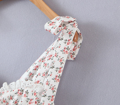 Floral Tying Lace Up Ruffled Dress