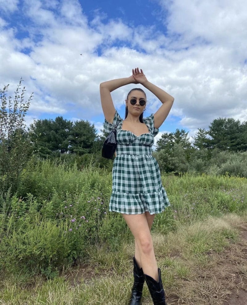Gingham Puff Open Back Mini Dress