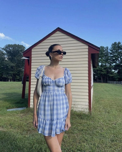 Gingham Puff Open Back Mini Dress