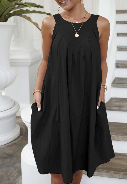 Neck Pleated Shift Dress