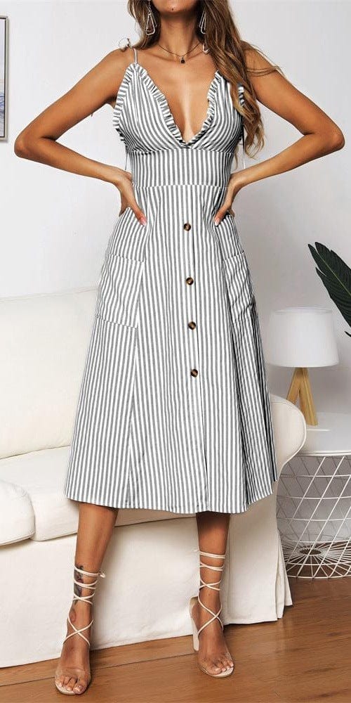 Plunge Neck Striped Dress