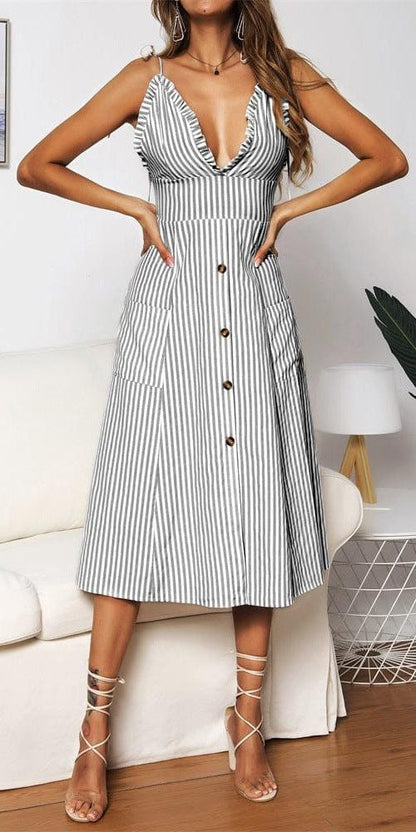 Plunge Neck Striped Dress