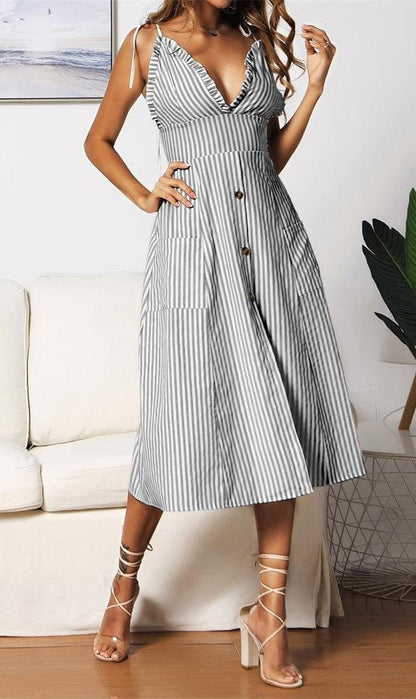 Plunge Neck Striped Dress