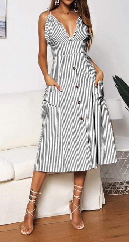 Plunge Neck Striped Dress