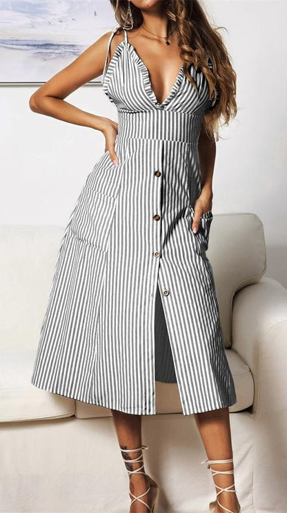 Plunge Neck Striped Dress