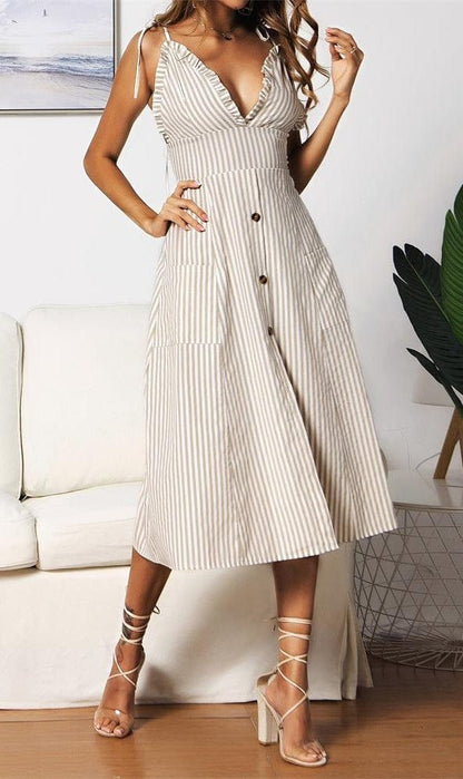 Plunge Neck Striped Dress
