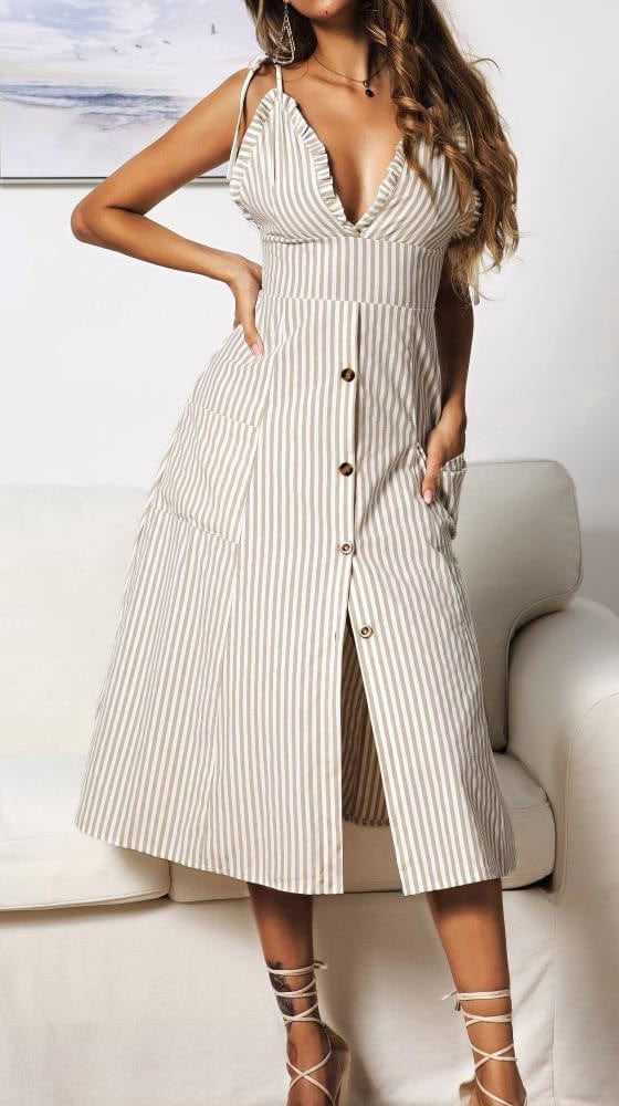 Plunge Neck Striped Dress