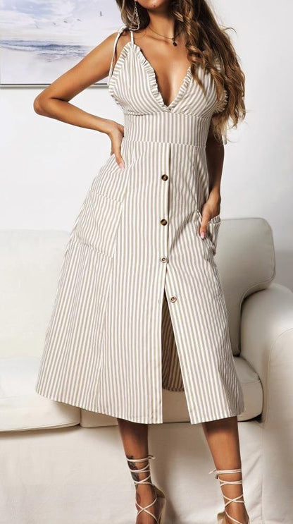 Plunge Neck Striped Dress