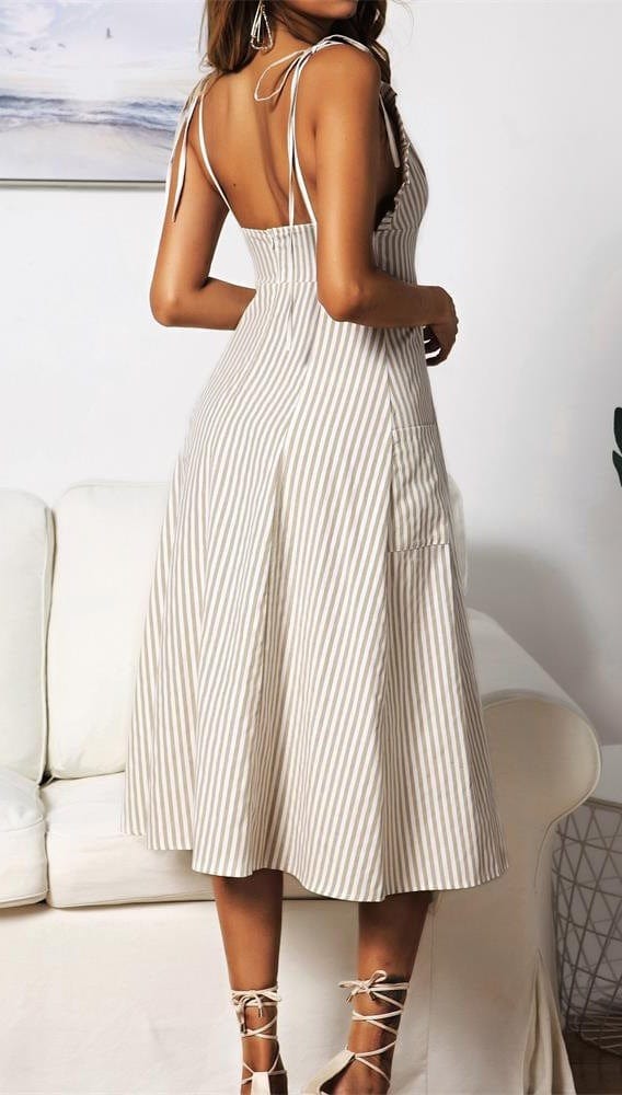Plunge Neck Striped Dress